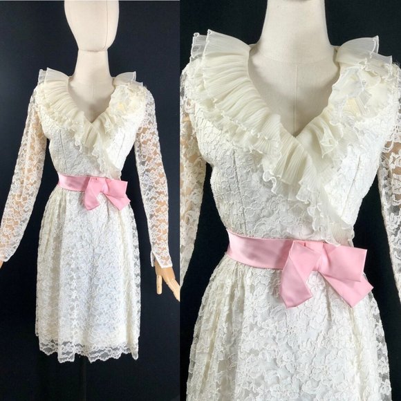 vintage wedding dress / 60s white lace short weddi - Picture 1 of 10